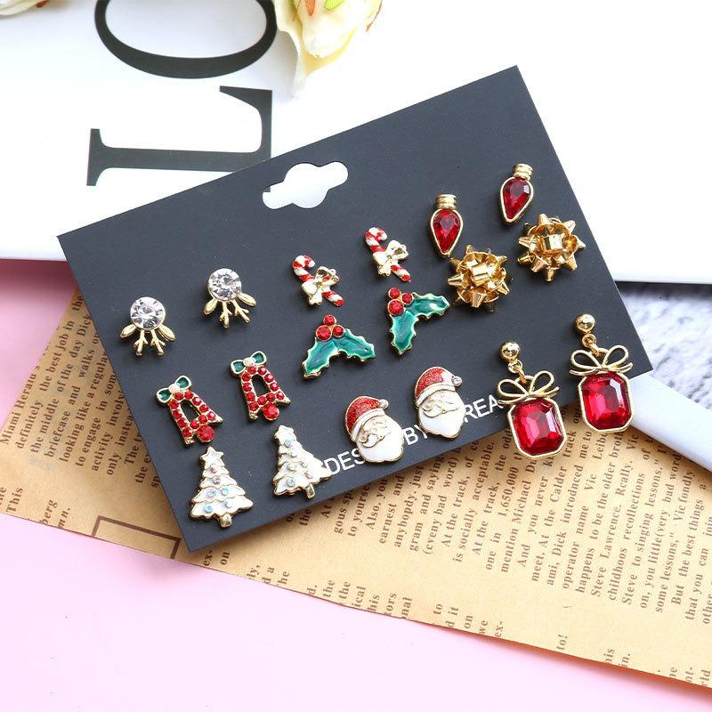 Christmas stud earrings set, elk cane bow hat tree old man alloy Christmas earrings