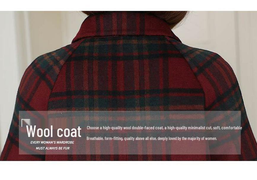 Women's Red Plaid Wool Coat - Korean Style, Autumn/Winter 2025, Double-Sided for Middle-Aged and Elderly