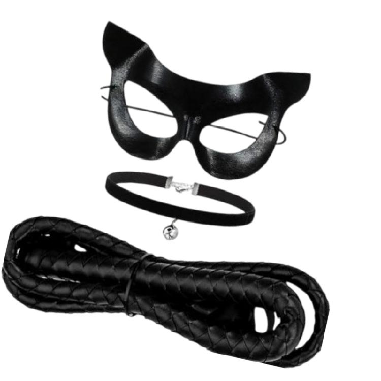 3Pcs Black Cats Costume Accessories Cats Woman Costume for Women Halloween Masquerades Mask Bells Choker Necklace Whip
