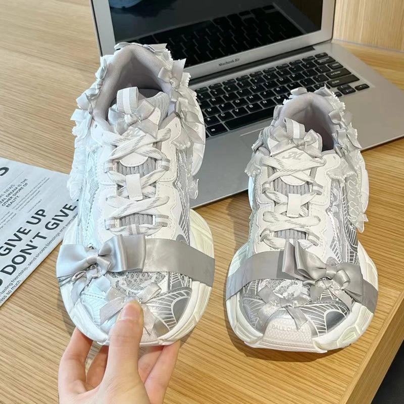 Fashion Thick-soled Sports Shoes Women Bow Tie Casual Run Shoe Versatile Mesh Breathe Comfort Outdoor Large Size Women Shoe