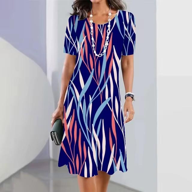 3D geometric stripe print elegant women's short-sleeved summer dress