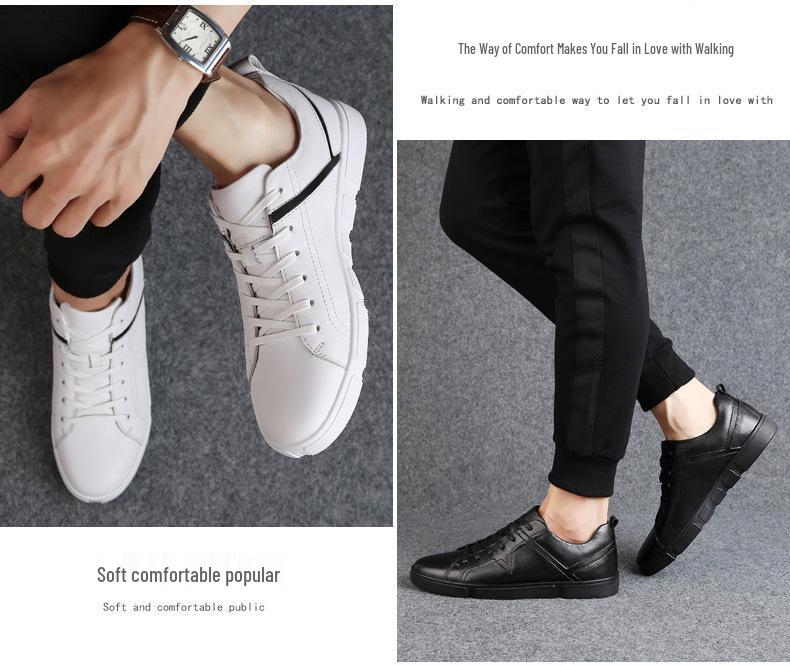 Men's Plus Size White College Style Skate Shoes, Soft Cowhide Casual Trendy Sneakers