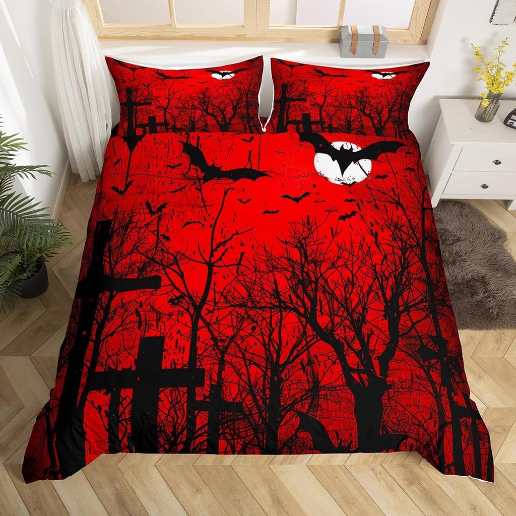 Halloween Bedding Set Full, Pumpkin Lantern Duvet Cover Castle Bat Pattern Comforter Cover, Cartoon Horror Festival Quilt Cover