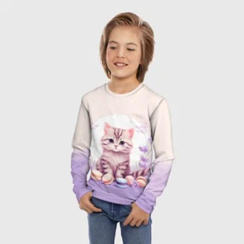 Children's Cartoon Fox Kitten Printed Animal T-shirt Boys Cute Long Sleeved Soft Comfortable Top