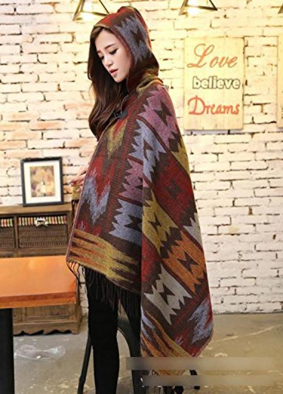Sarah Rose Wool Poncho Ethnic Bohemian Print Soft Women's Coat/Cape/Shawl, Hoodie, Silhouette, Fall/Winter (Khaki)