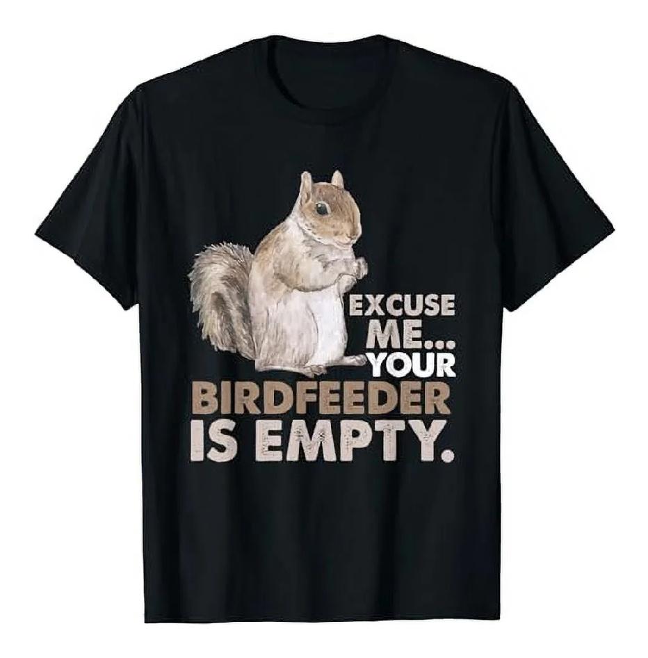 

Funny Squirrel Birdfeeder Empty Graphic Cotton T-Shirt Casual Crew Neck Tee S чёрный
