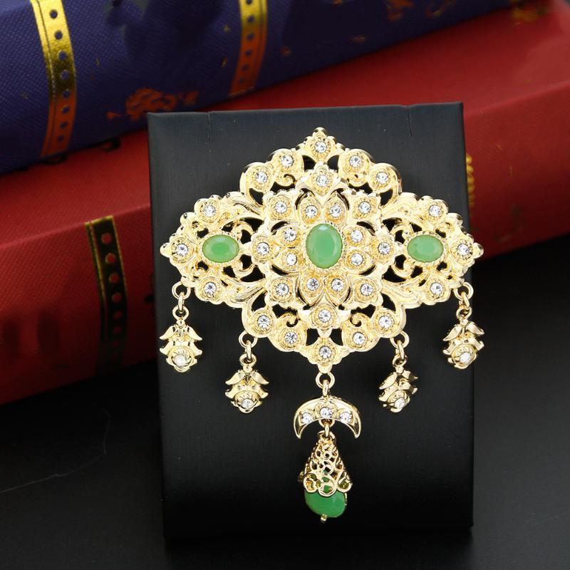 Scratch Resistant Crystal Women Brooch Gold Tone Morocco Jewelry for Arabic Hijab Silk Scarf Long Lasting Shine