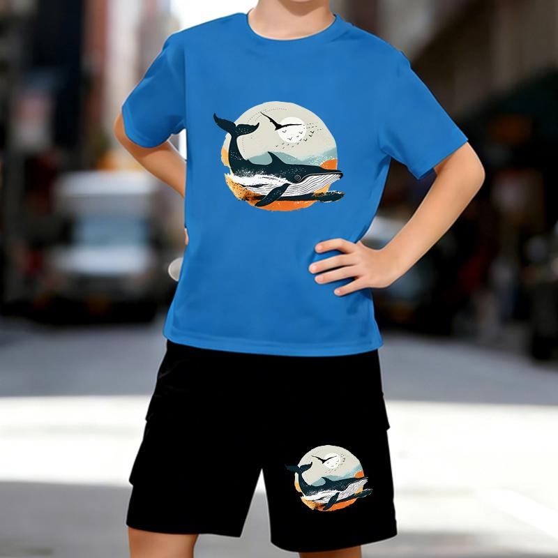 Boys 2 Piece Ocean Shark Printed Outfit, Short Sleeve T-Shirt and Shorts Set for Kids Age 5-14,Black,White Sporty Casual Summer Clothes