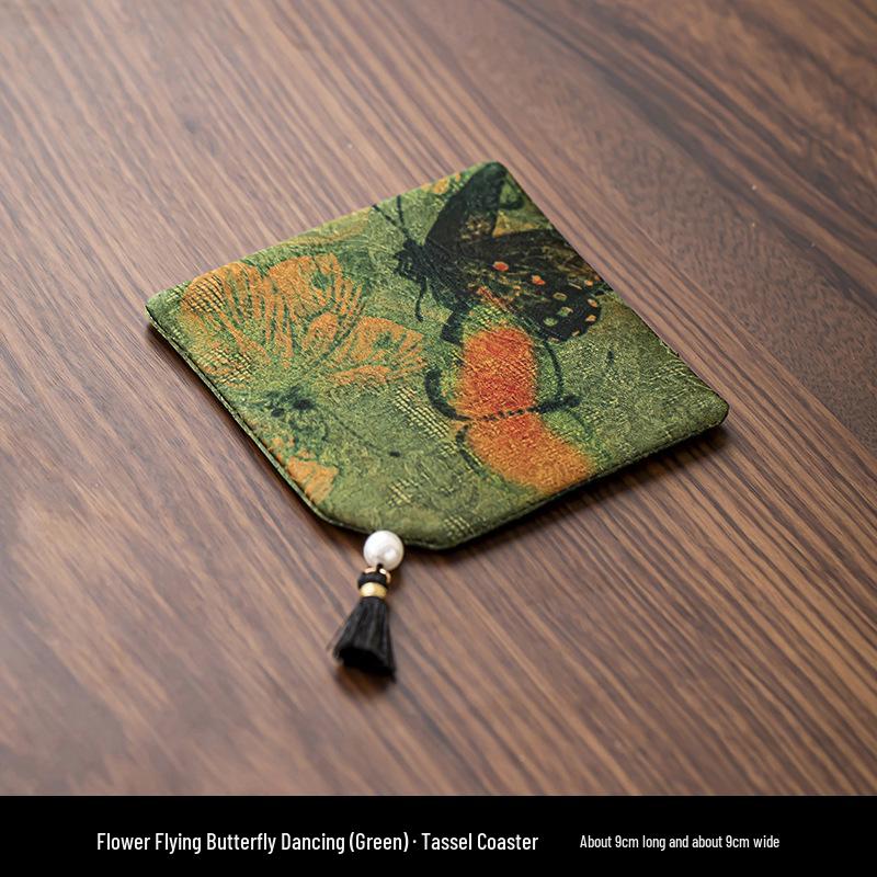 Elegant Chinese Tassel-Fabric Coaster: Waterproof, Anti-Slip, Double-Sided Tea Table Accessory