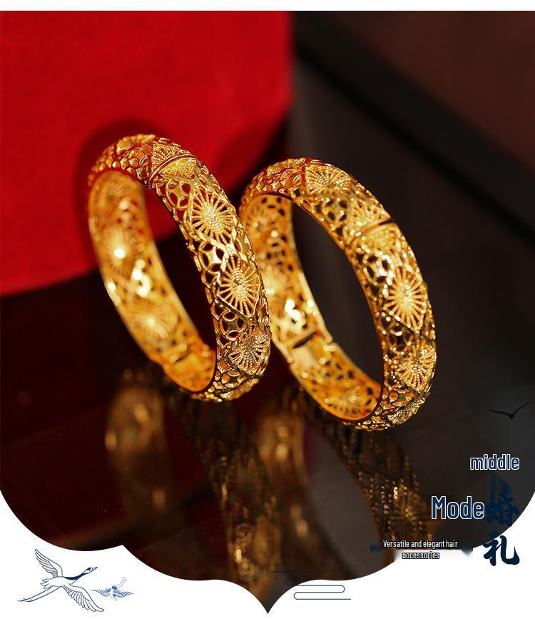Chinese Dragon & Phoenix Retro Gold Bangle for Bride Xiuhe Dress