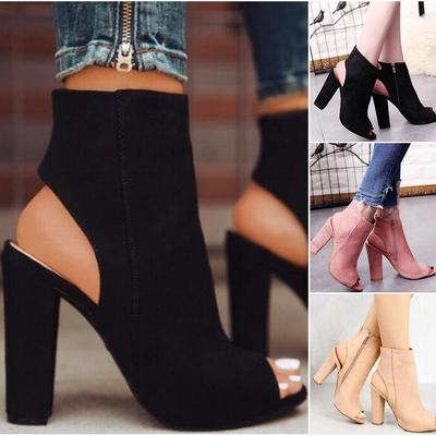Women's Summer Fish Mouth Work Boots Fashion Retro Suede Zipper Ankle Boots Outdoor Leisure Comfortable Thick High-heeled Boots