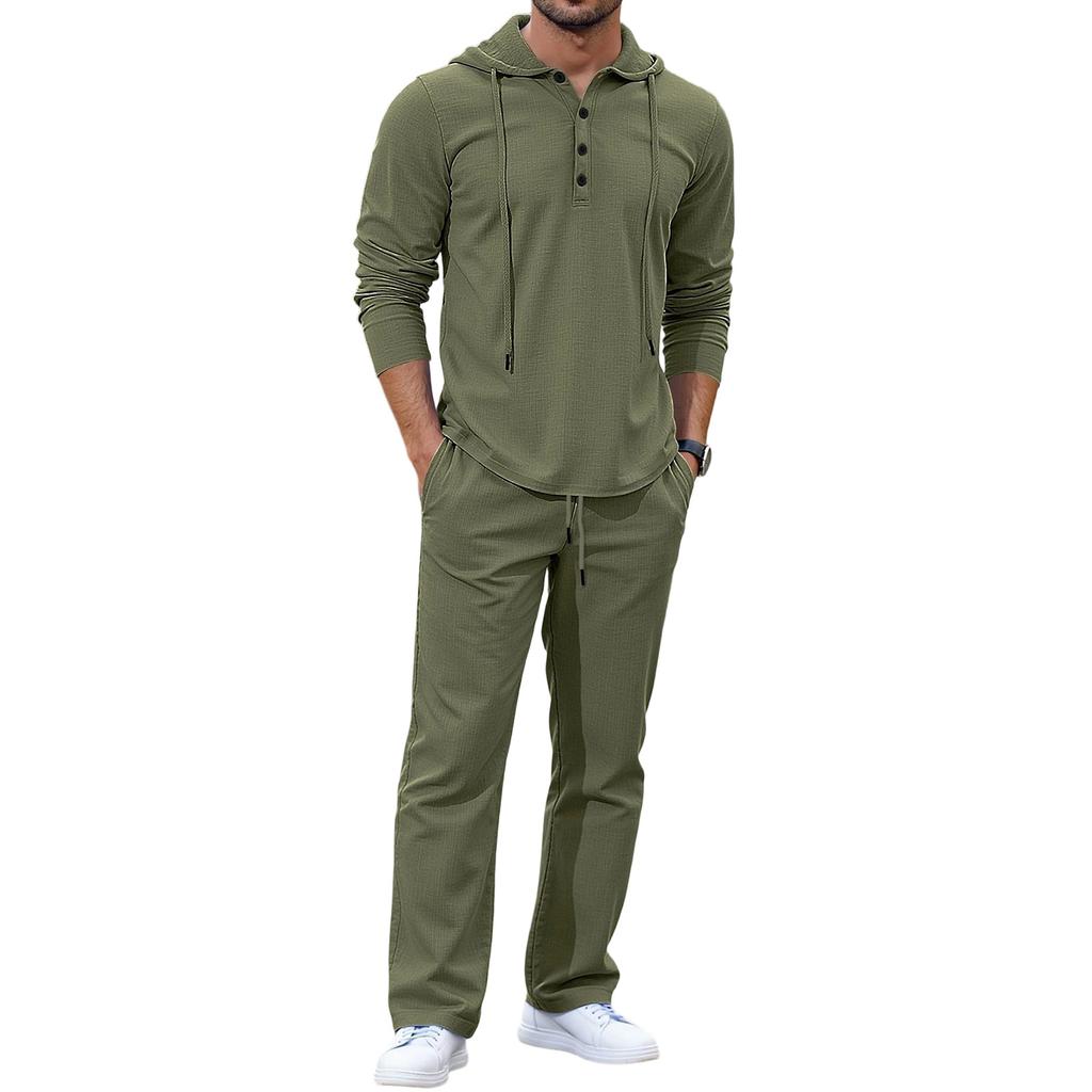 Men Fashion Leisure Hooded Hood Button Upper Garment Trousers Set