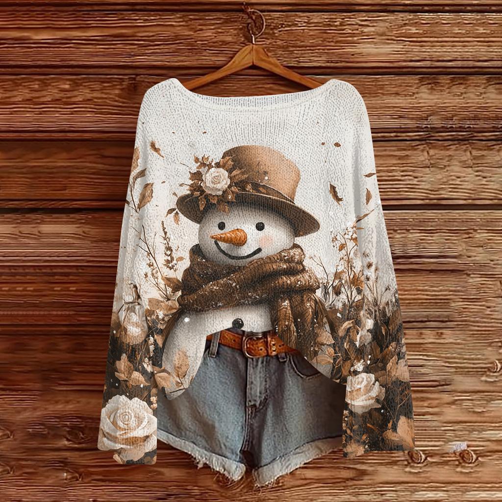 Women's Fashion Christmas Print Lightweight Sweater Casual Long-Sleeve Knit Pullover Top