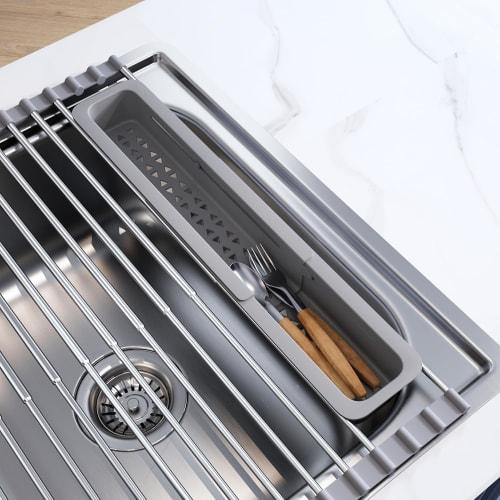 JASIWAY Folding Dish Drainer, Over-the-Sink Dish Drainer, Dish Rack, Rust-Resistant, Kitchen Supplies, Drying Basket, 60*32cm (Silver)