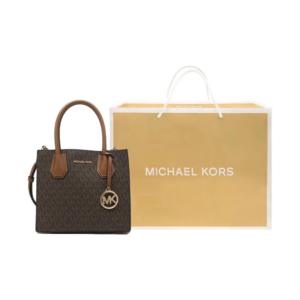 Michael Kors MK Mercer Series Classic French Vintage Monogram Color Block PVC Coated Canvas Accordion Bag Women Handbags Brown 35S1GM9M2B-BRN