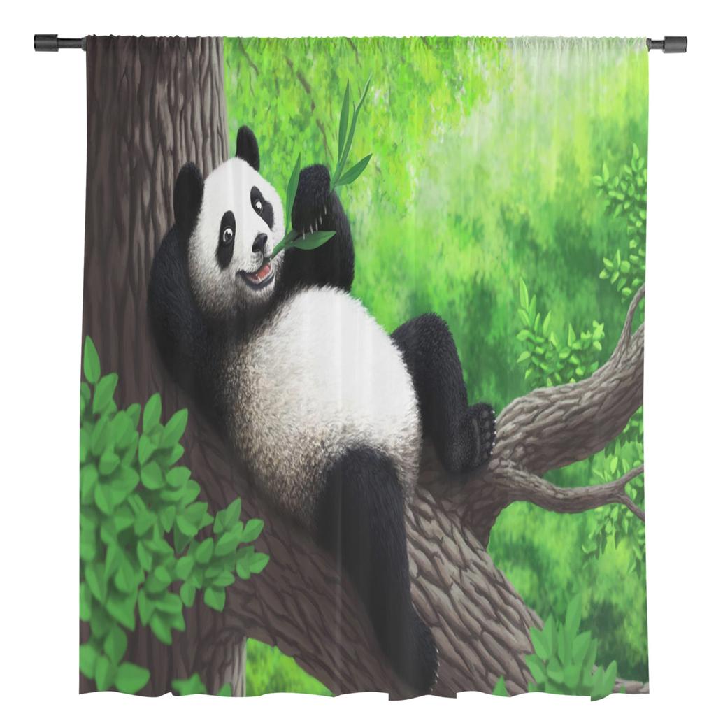 Panda Green Forest Bamboo Cute Sheer Curtains For Living Room Bedroom Kitchen Window Voile Drapes Home Decor