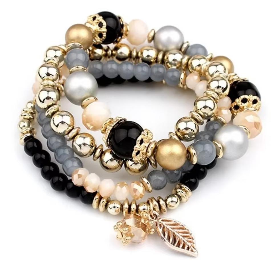 4 Pcs Fashionable and Simple Crystal Bead Pendant with Branches Leaves Versatile Multi-layer Bead Temperament Women's Bracelet
