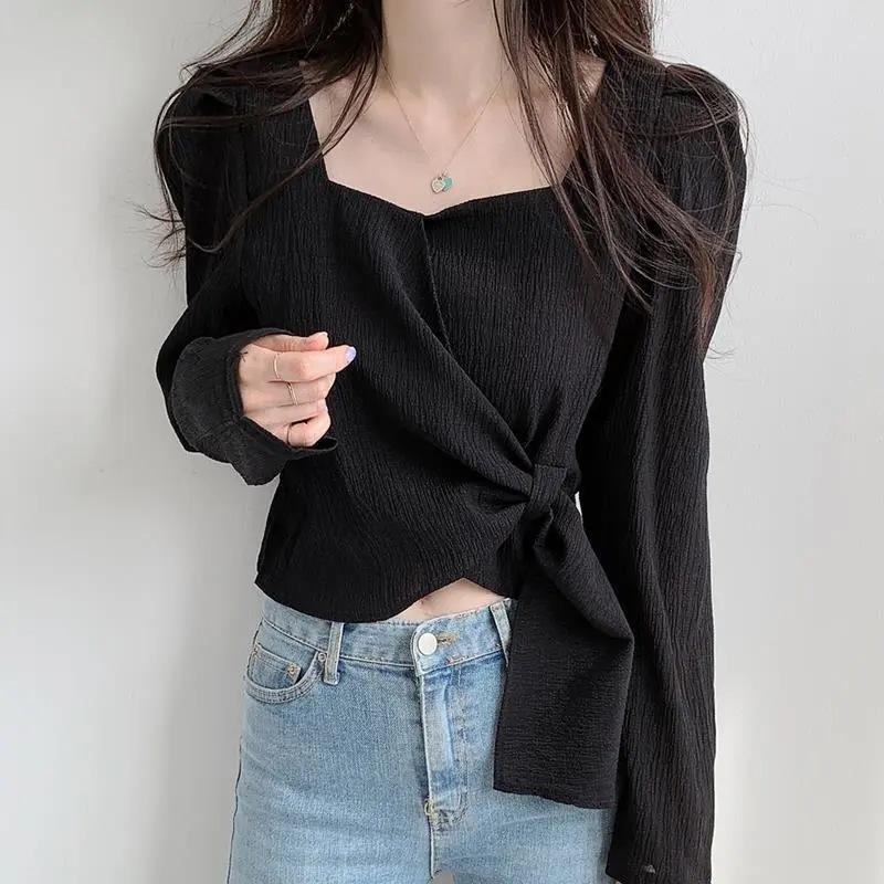 Spring and Autumn tops design sense niche Korean square collar bubble long sleeve straps thin temperament shirt women