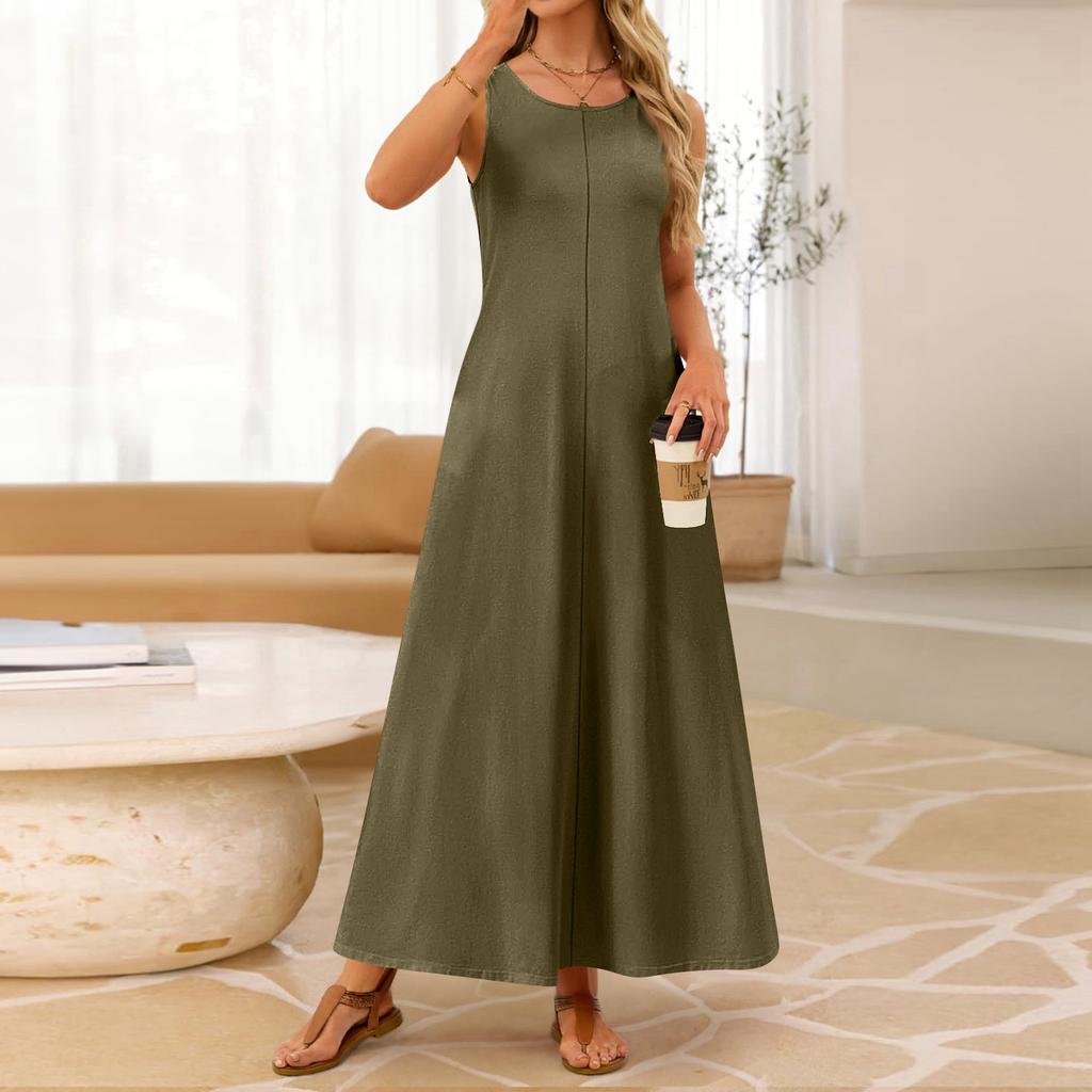 Damen ärmelloses Maxikleid lässig lockere Passform Rundhals elastisch Strandurlaub Basic langes Kleid
