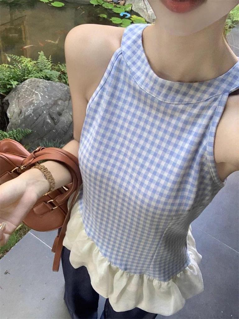 Spring Slim Plaid Sleeveless Patchwork Camisole for Women