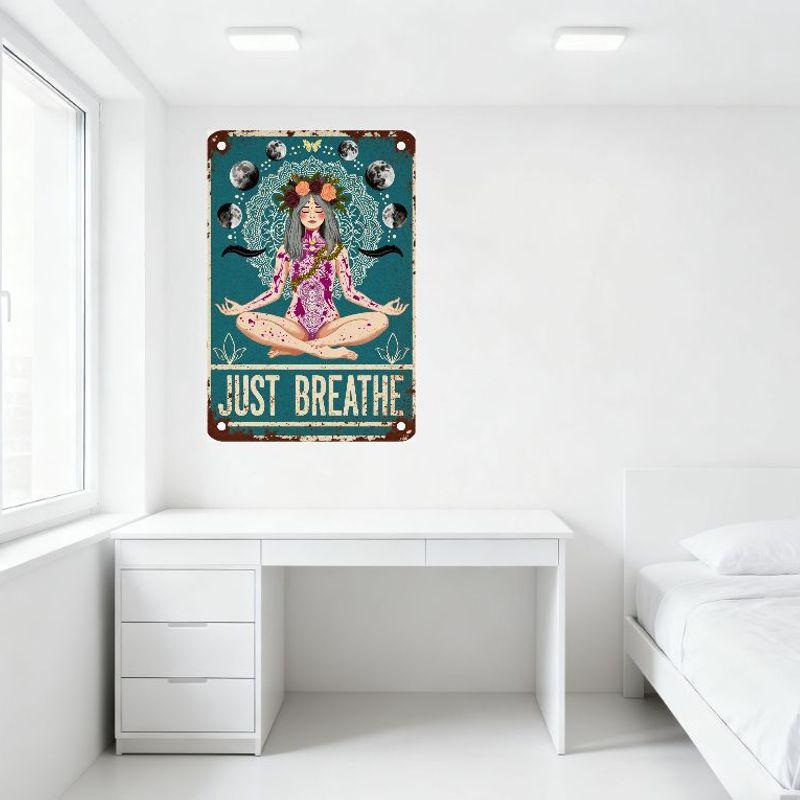 Vintage Bohemian Metal Tin Sign 'Just Breathe' with Moon Phases, Meditation Woman, Floral Crown, Lotus Pose, Mandala Background