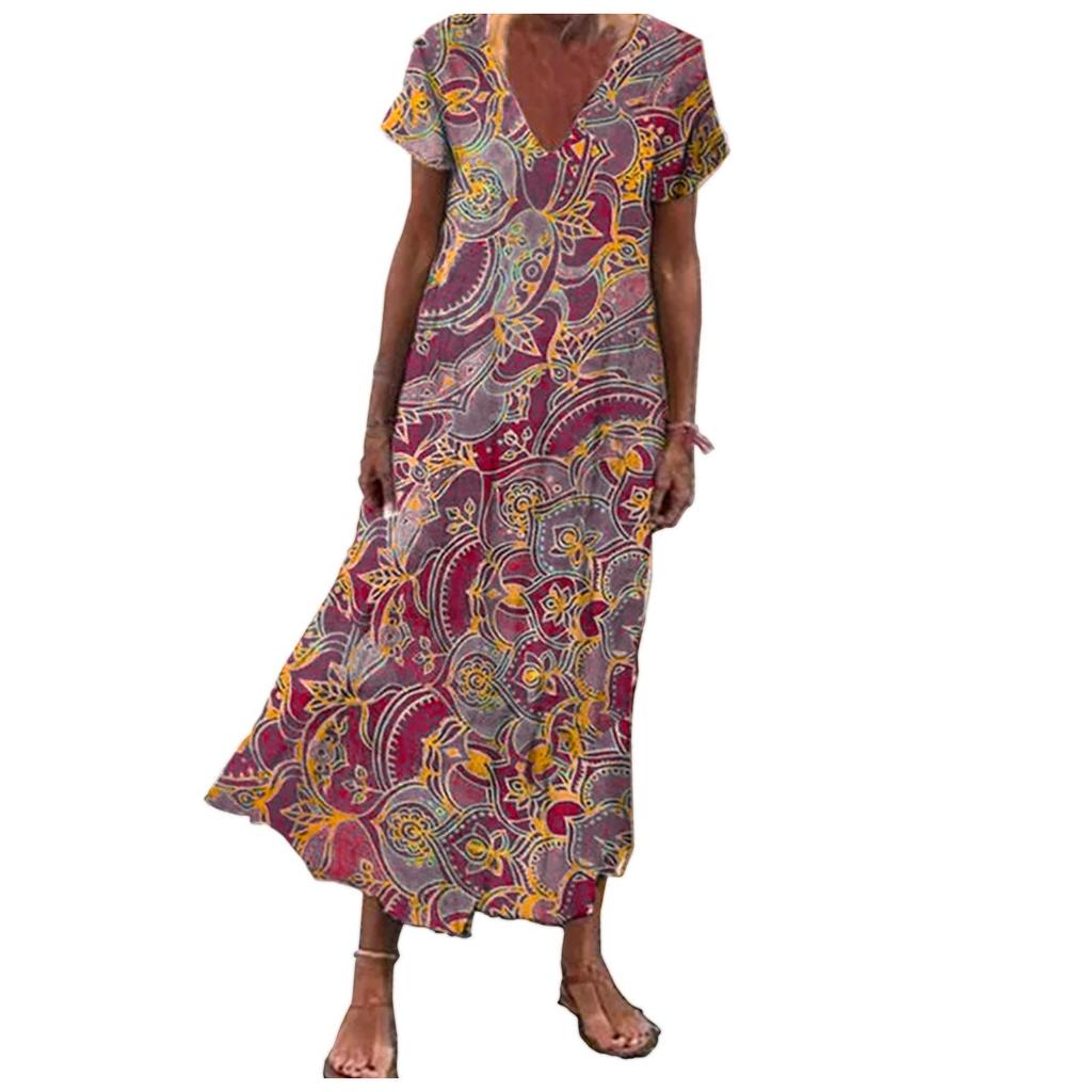 Women's Short Sleeve Maxi Dress Casual Beach Summer Dress V Neck Printed Dress Elegant Dress Dress Loose Dress Boho Dress