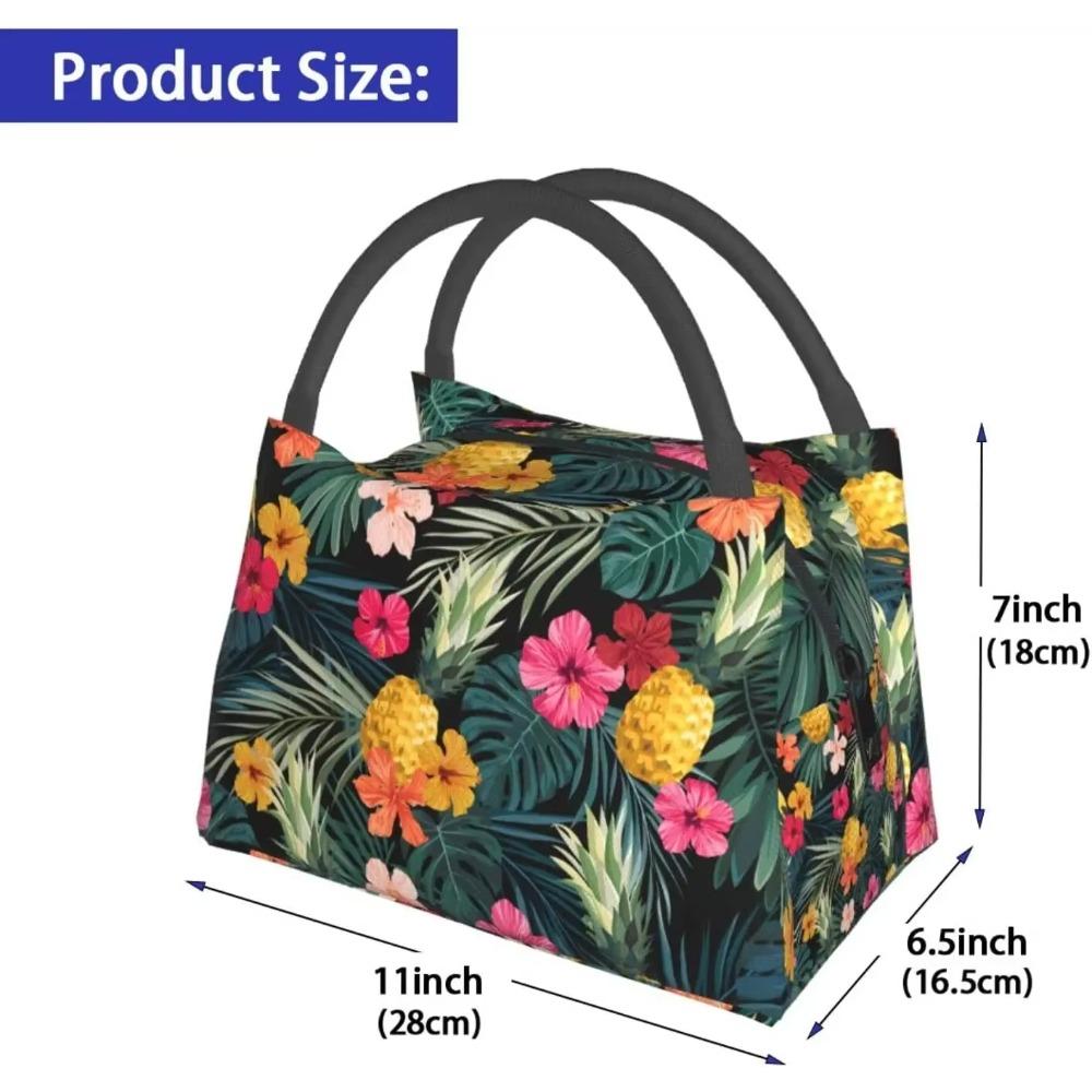 Geantă de prânz cu frunze de palmier și hibiscus, reutilizabilă, portabilă, izolată, tropicală, cu ananași și fructe, mare, tip tote bag pentru școală, birou