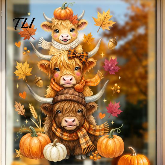 Autumn Theme Room Decor Highland Cow Window Clings, Cute Pumpkin Maple Leaves Static Party Supplies Stickers, Waterproof PVC Decals for