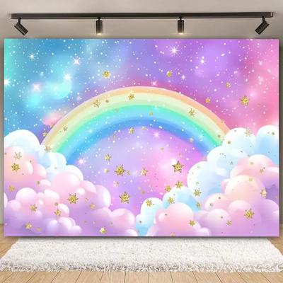 Kolorowe Niebo Tęczowa Chmura Zamek Tło Złoty Brokat Gwiazda Baby Shower Dzieci Dziewczynki Dziecięce Urodziny Tła Dekor