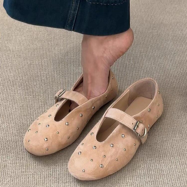 

Модные матовые кожаные туфли-лодочки с мелким вырезом для женщин, ретро туфли Мэри Джейн с круглым носком и заклепками, бабушкины туфли на плоской подошве 40