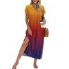 Damen Langer Rock Lässiges V-Ausschnitt Langes Hemdkleid Lockerer Schlitz Urlaub Kurzarmkleid