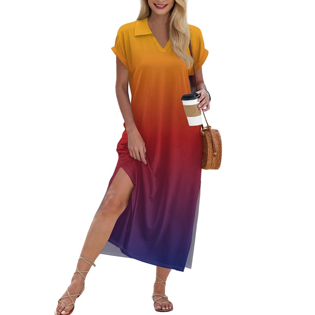 Damen Langer Rock Lässiges V-Ausschnitt Langes Hemdkleid Lockerer Schlitz Urlaub Kurzarmkleid