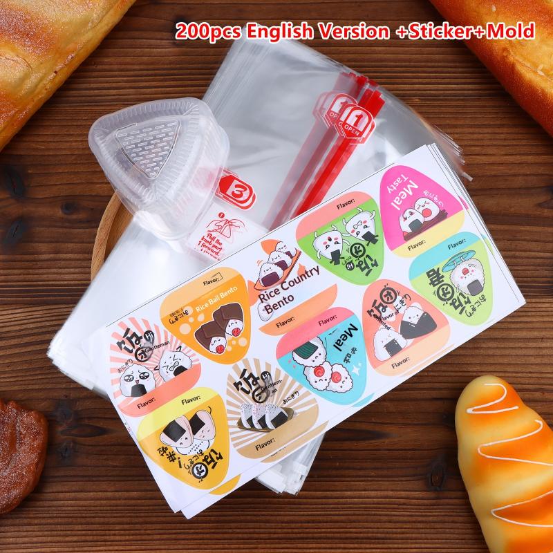Bolsa de Embalaje Triangular para Bolas de Arroz de 200 Piezas con Pegatinas Molde Alga Marina Nori Onigiri Sushi Bolsas de Regalo de Plástico Accesorios Bento
