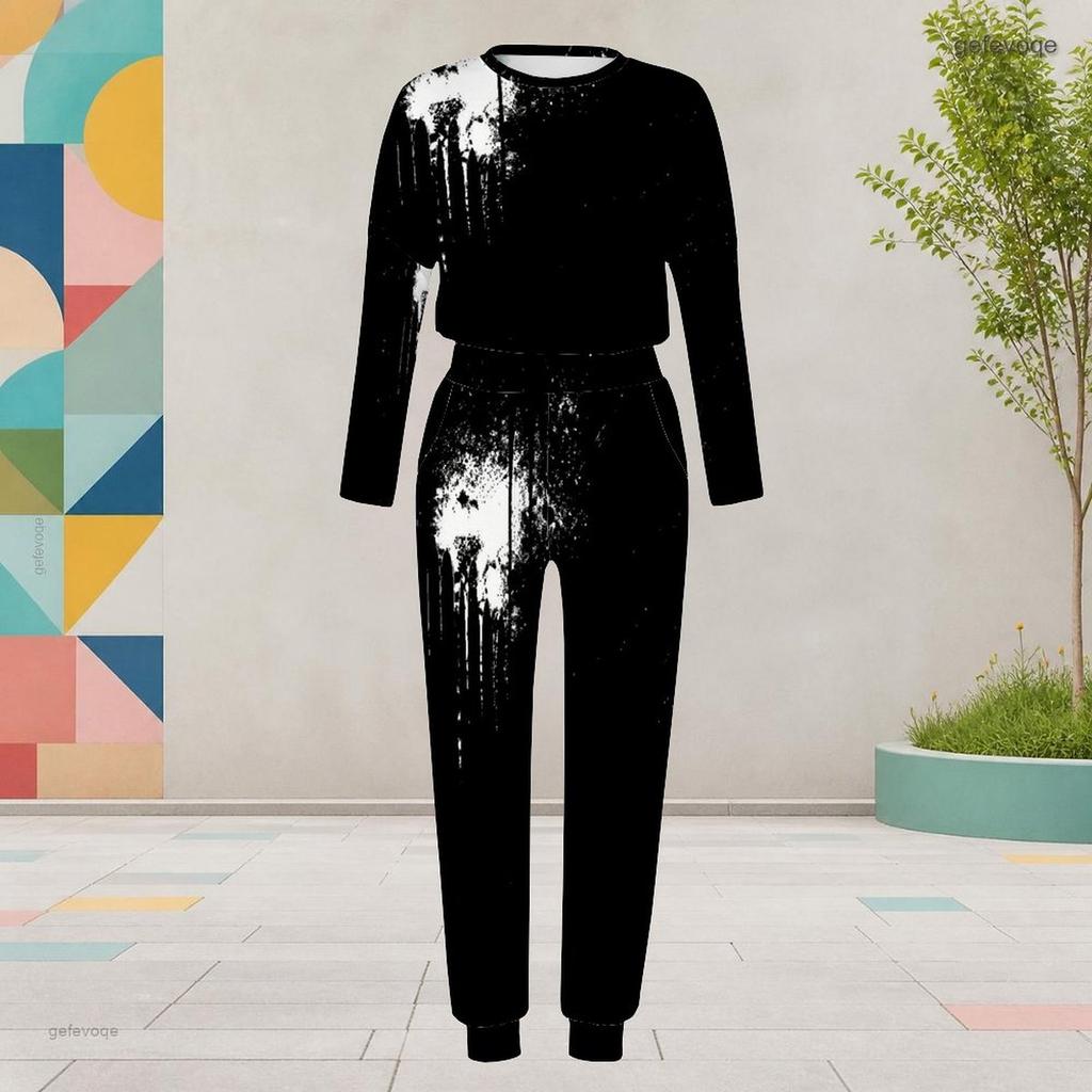 Women Plus Size Round Neck Long Sleeve Printed Two Piece Set Cuffed Top Cuffed Pants With Pockets