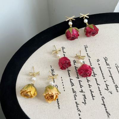 Natural Rose Flower Earrings for Women - Elegant Court Style Freshwater Pearl Stud Earrings - Handcrafted Earrings