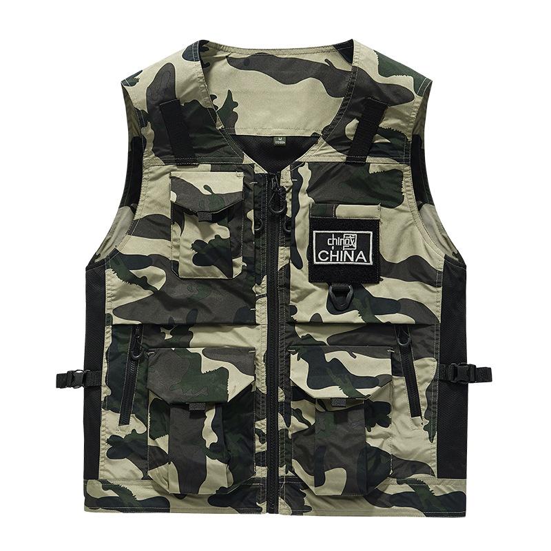 Herrenweste im chinesischen Stil Herbst Outdoor Tarnung Dreidimensionale aufgesetzte Tasche Stehkragen Lässige Arbeitsweste Jacke