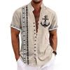 Men Ethnic Front Print Stand Collar Short Sleeve Loose Casual Linen Shirt