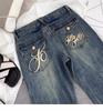 Damen Amerikanische Retro Niedrige Taille Bestickte Abgetragene Petite Schlagjeans