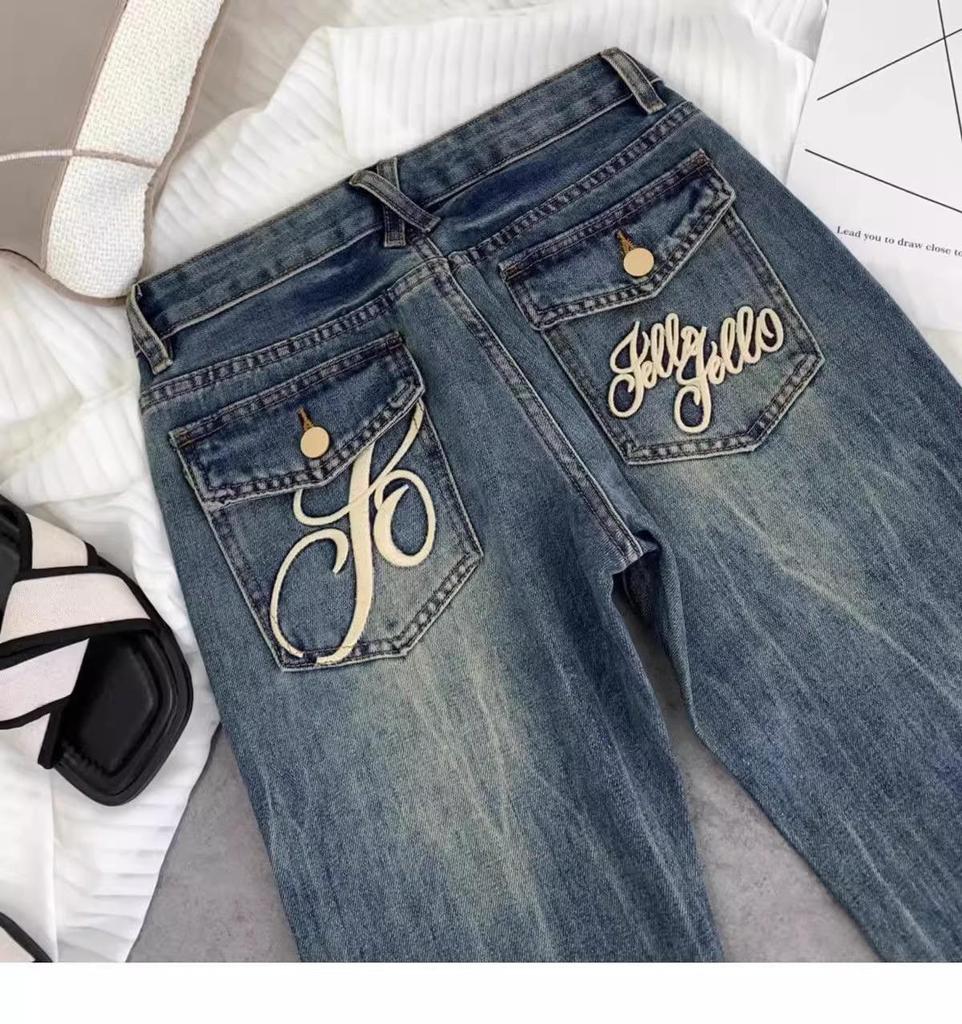Damen Amerikanische Retro Niedrige Taille Bestickte Abgetragene Petite Schlagjeans