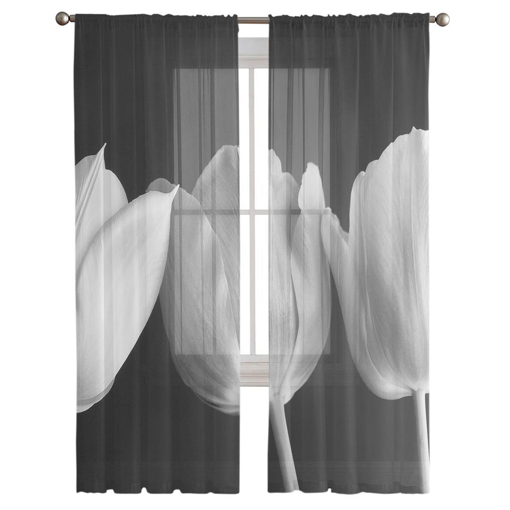 Tulpenblume Schwarzweiß Moderne Tüllgardinen für Wohnzimmer Schlafzimmer Zuhause Küche Fenster Voilegardinen