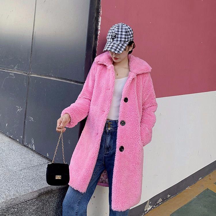 Autumn and Winter Women's Mid-length Sheep Shearling Coat Lamb Hair Slim Fit Lapel Grain Velvet Faux Fur Coat