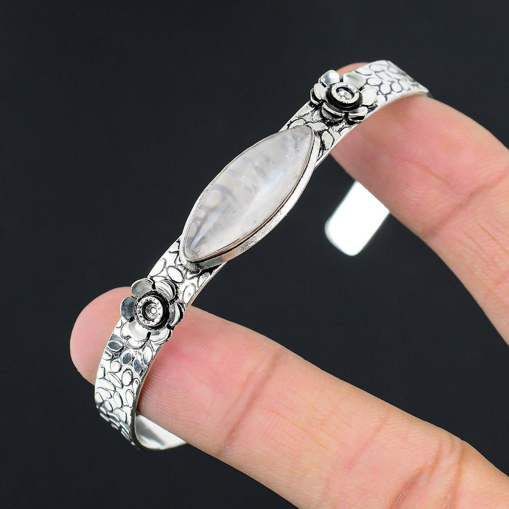 Daughters Day Sale 925 Silver Rose Quartz Gemstone Flower Boho Bangle Jewelry