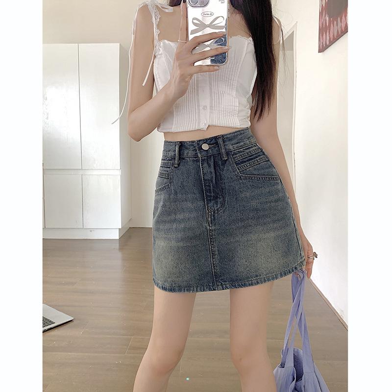 

High-Waisted Denim Midi Skirt for Women: Spring/Summer A-line, Figure-Flattering, Slimming Design with Lining. L