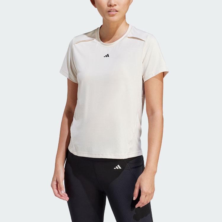 Adidas Power Tee Solid Logo Sport Crew Neck Short Sleeve T-Shirt Women Tops Linen-Brown IN6209
