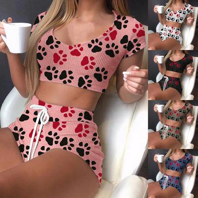 Women Pajamas Set Fashion Trend Collision Colour Student Home Wear Easy To Clean Printed Short Sleeves Shorts Ladies Pajamas