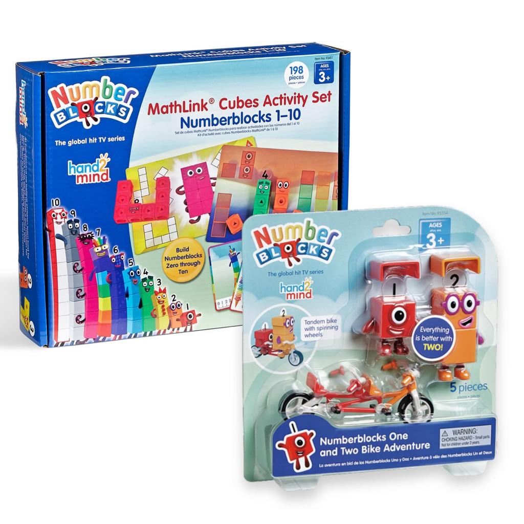 [Amazon Exclusive] Numberblocks 2-Piece Set: Mathlink Cube Math Activity Set (1-10) + One and Two Bike Adventure Character Figure. Authentic Math Toy.