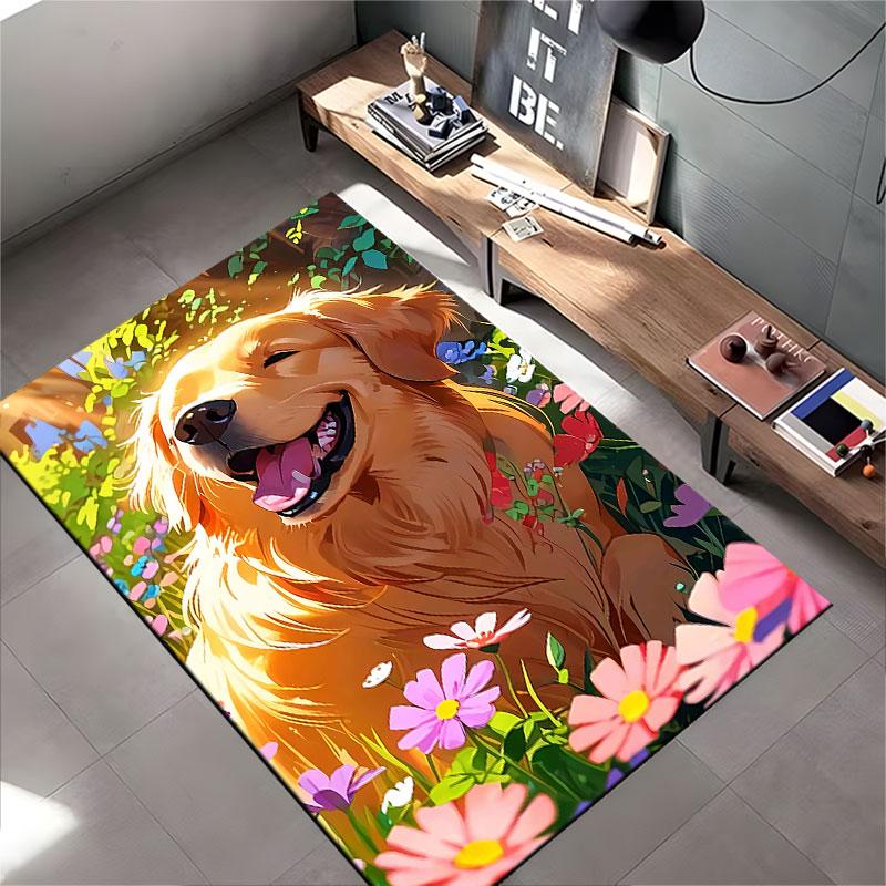 Golden Retriever in Flower Field suitable as a non-slip mat for the living room or bedroom sofa