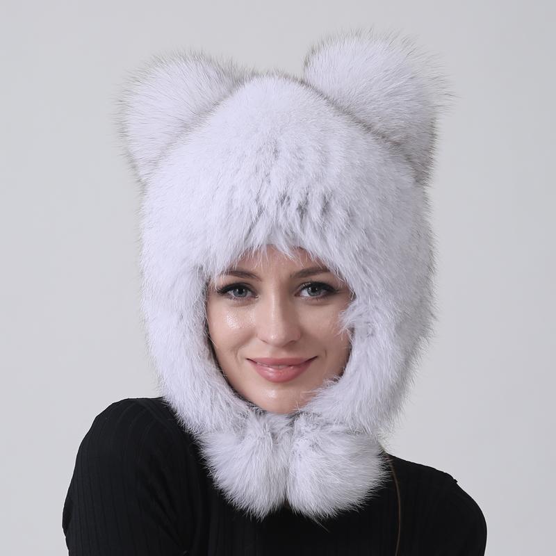 New Women Bomber Ears Hats Pompom Trapper Natural Fox Fur Knitted Earflap Russian Caps Outdoor Snow Hat