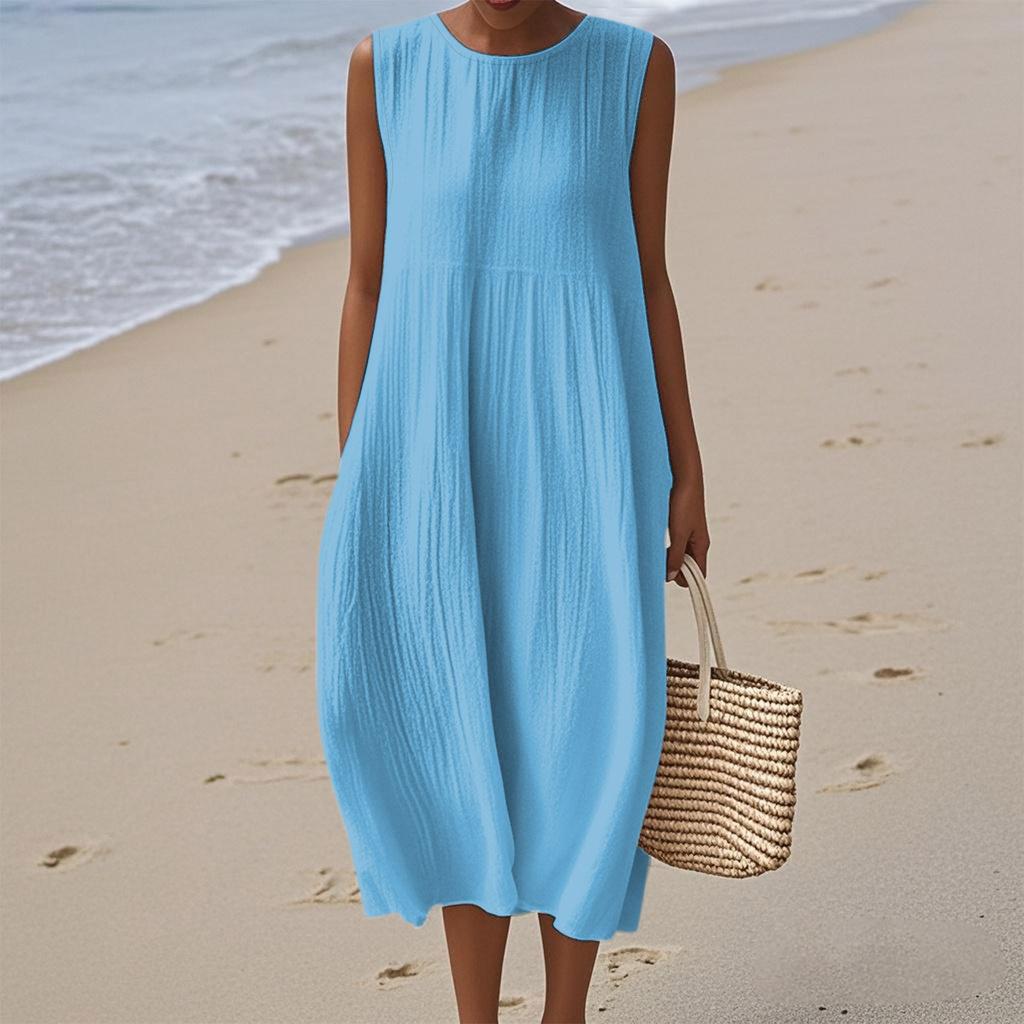 Women's Fashion Casual Sleeveless Round Neck Solid Color Elegant Temperament Dress