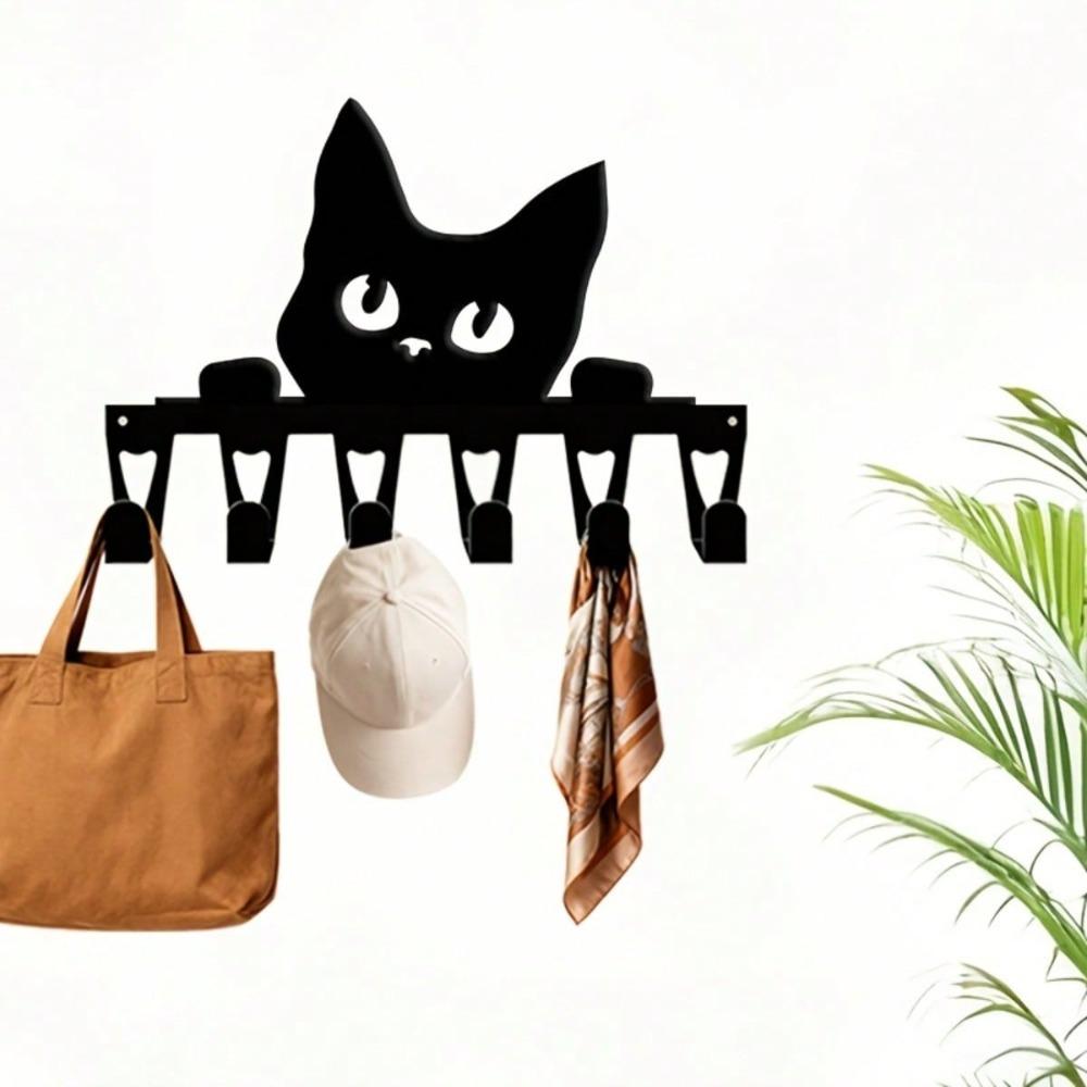Black Cat Shaped Wall Key Holder with 6 Hooks Minimalist Iron Key Rack Pet Lover Gift Christmas Halloween Home Decor